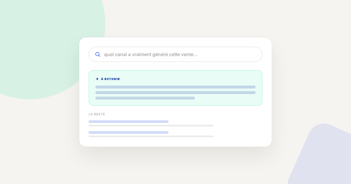 Illustration d'une recherche mettant en avant un encart mis en évidence sur l'attribution, au-dessus de résultats secondaires grisés