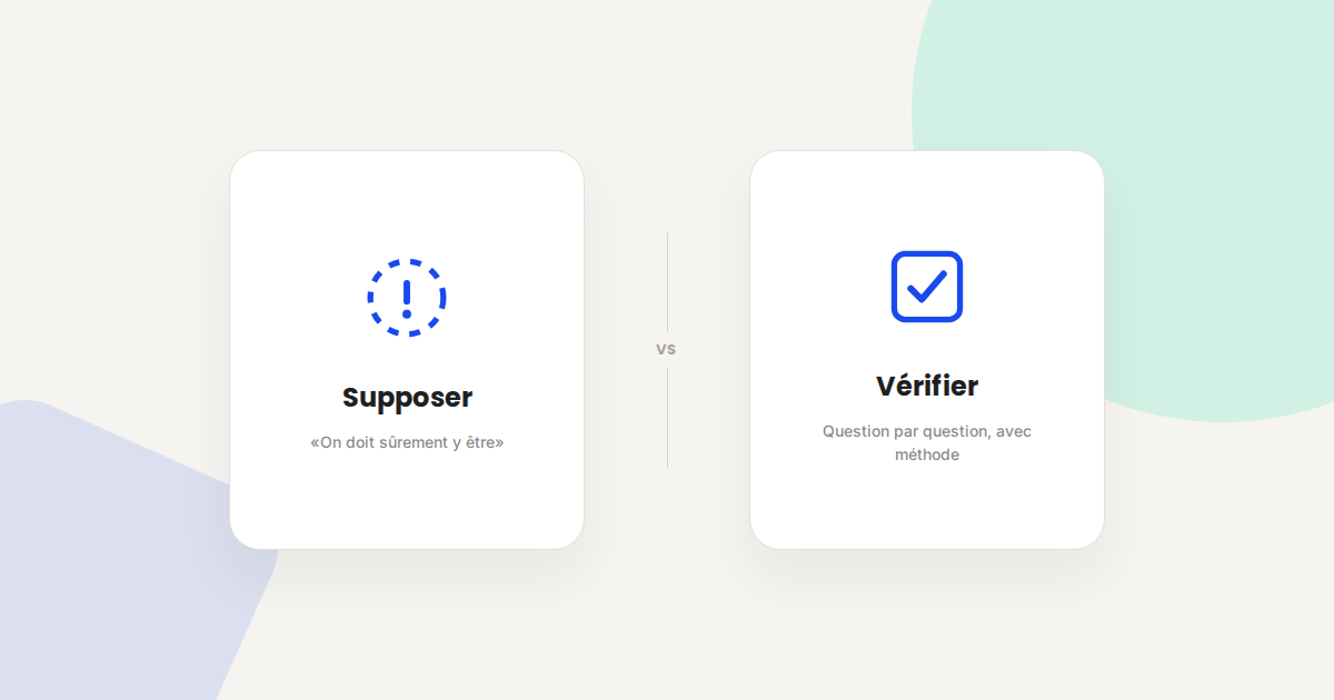 Illustration comparant le fait de supposer sa visibilité IA à celui de la vérifier méthodiquement question par question
