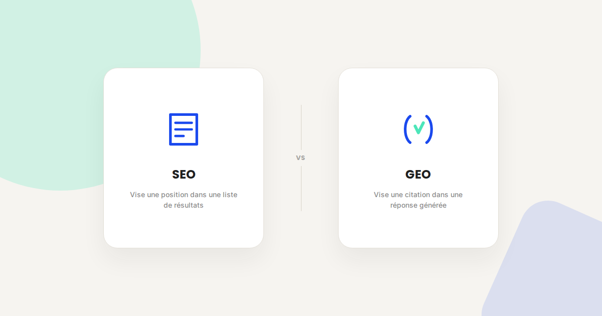 Illustration comparant le SEO, qui vise une position dans une liste de résultats, au GEO, qui vise une citation dans une réponse générée par une IA