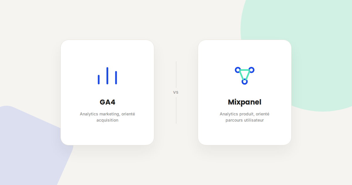 Illustration comparant GA4, orienté marketing et acquisition, à Mixpanel, orienté analyse du parcours produit