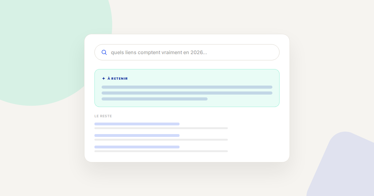 Illustration d'une recherche mettant en avant un encart sur le netlinking, au-dessus de résultats secondaires grisés