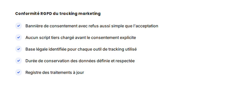 Les points de contrôle les plus fréquemment manquants lors d'un audit de conformité RGPD du tracking marketing.
