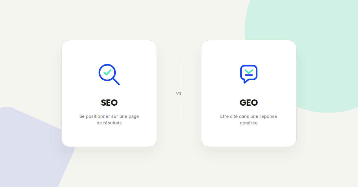 Illustration SEO vs GEO : d'un côté se positionner sur une page de résultats, de l'autre être cité dans une réponse générée par une IA